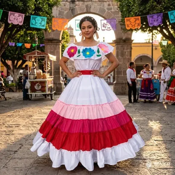 Mexican long skirt single circle waist has 4 ties that adjust to your waist